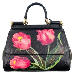 Dolce & Gabbana Black Pink Leather Tulips Sicily Handbag Shoulder Bag Flowers