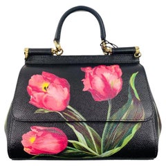 Dolce & Gabbana Black Pink Leather Tulips Sicily Handbag Shoulder Bag Flowers 