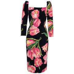 Dolce & Gabbana Black/Pink Nylon Blend Tulip Print Fitted Dress L