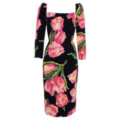 Dolce & Gabbana Black/Pink Nylon Blend Tulip Print Fitted Dress L