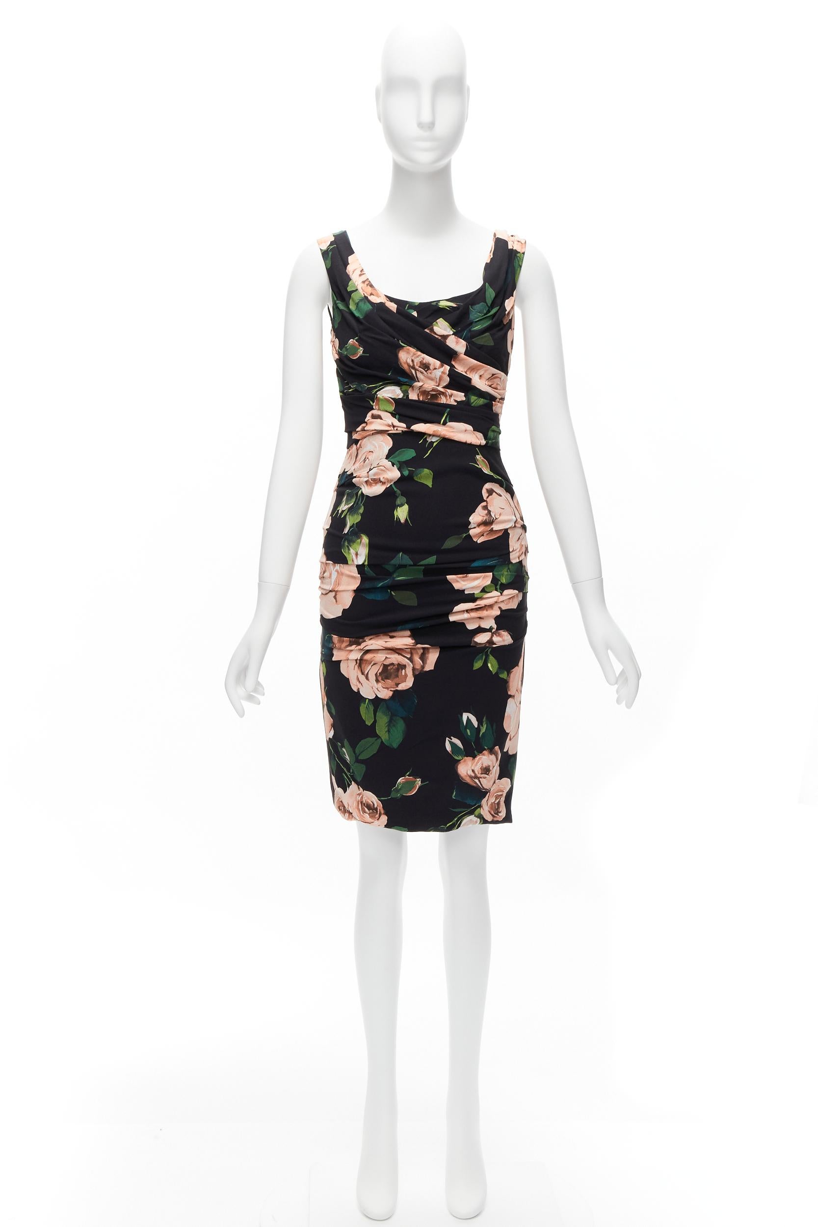 DOLCE GABBANA black pink rose print silk lined draped mid cocktail dress IT38 XS For Sale 5