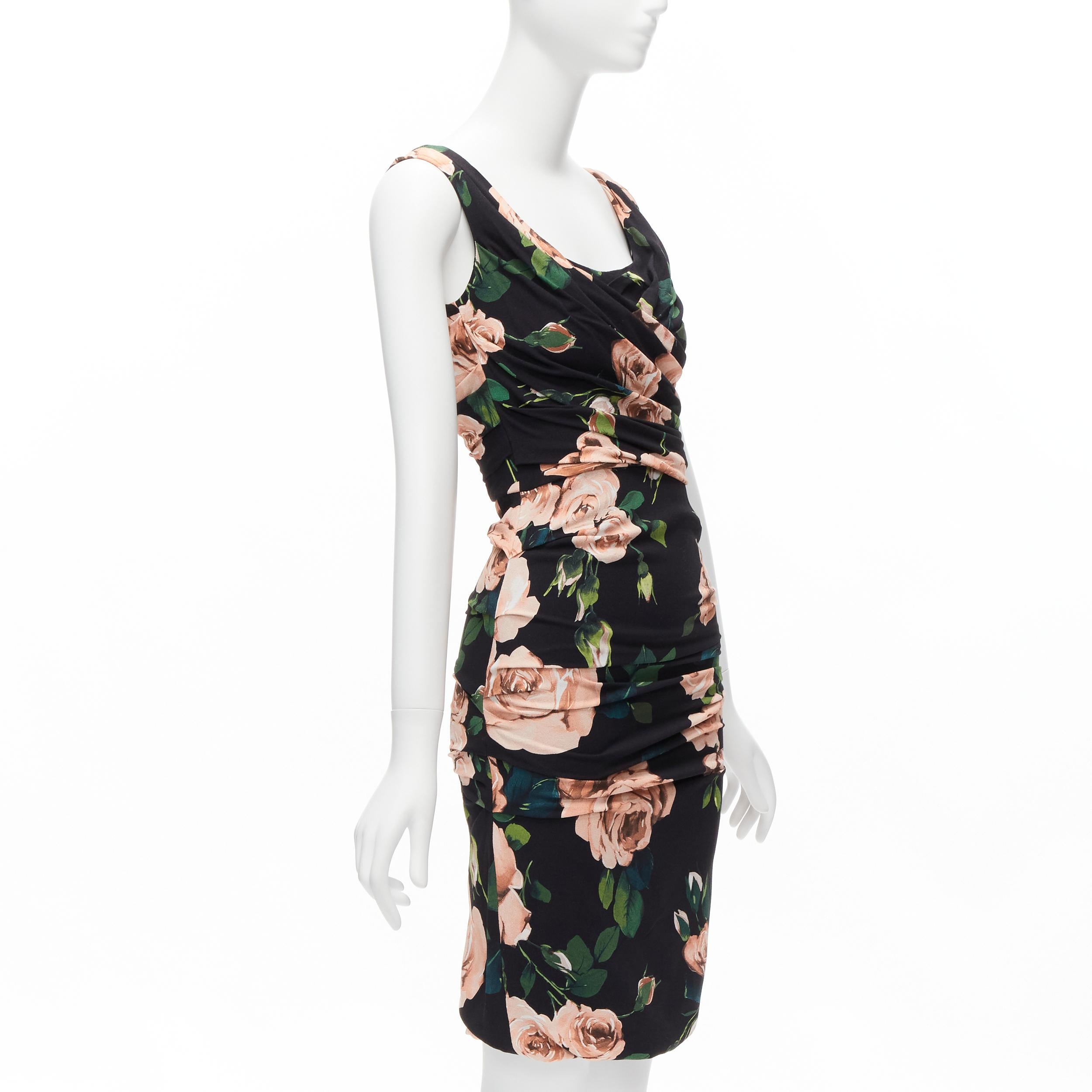 Black DOLCE GABBANA black pink rose print silk lined draped mid cocktail dress IT38 XS For Sale