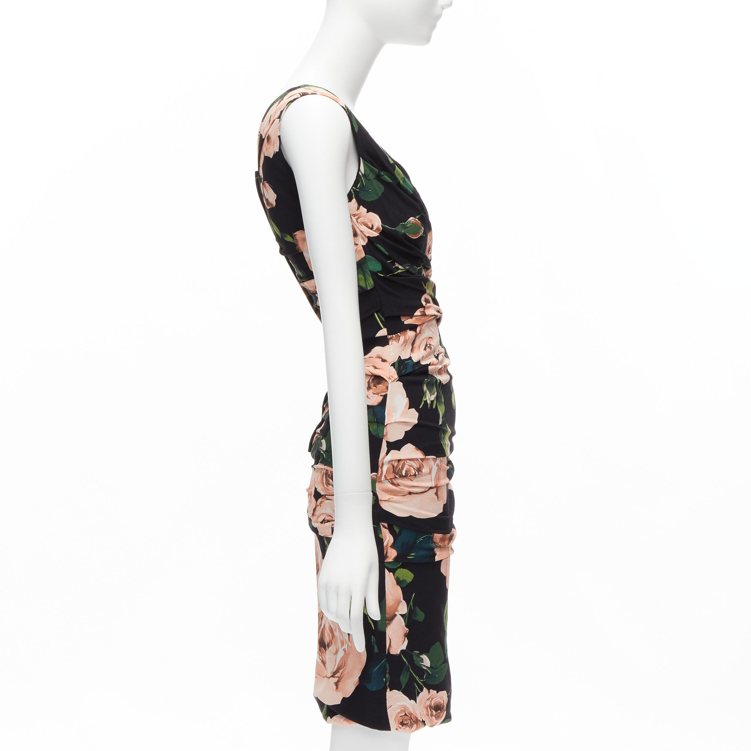 DOLCE GABBANA black pink rose print silk lined draped mid cocktail dress IT38 XS In Excellent Condition For Sale In Hong Kong, NT