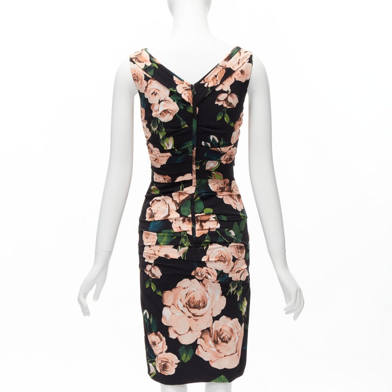 DOLCE GABBANA black pink rose print silk lined draped mid cocktail dress  IT38 XS For Sale at 1stDibs