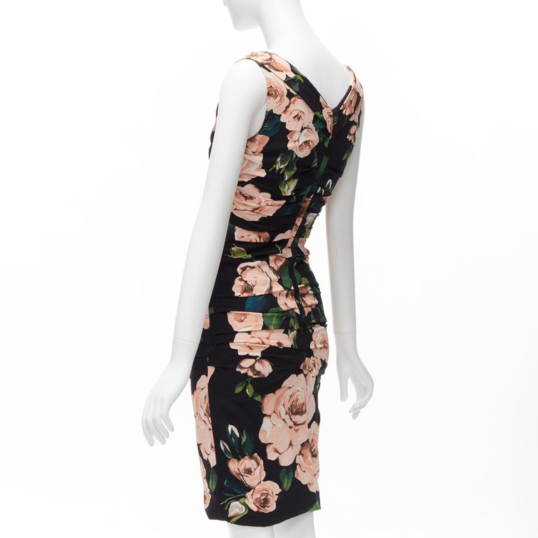DOLCE GABBANA black pink rose print silk lined draped mid cocktail dress  IT38 XS For Sale at 1stDibs