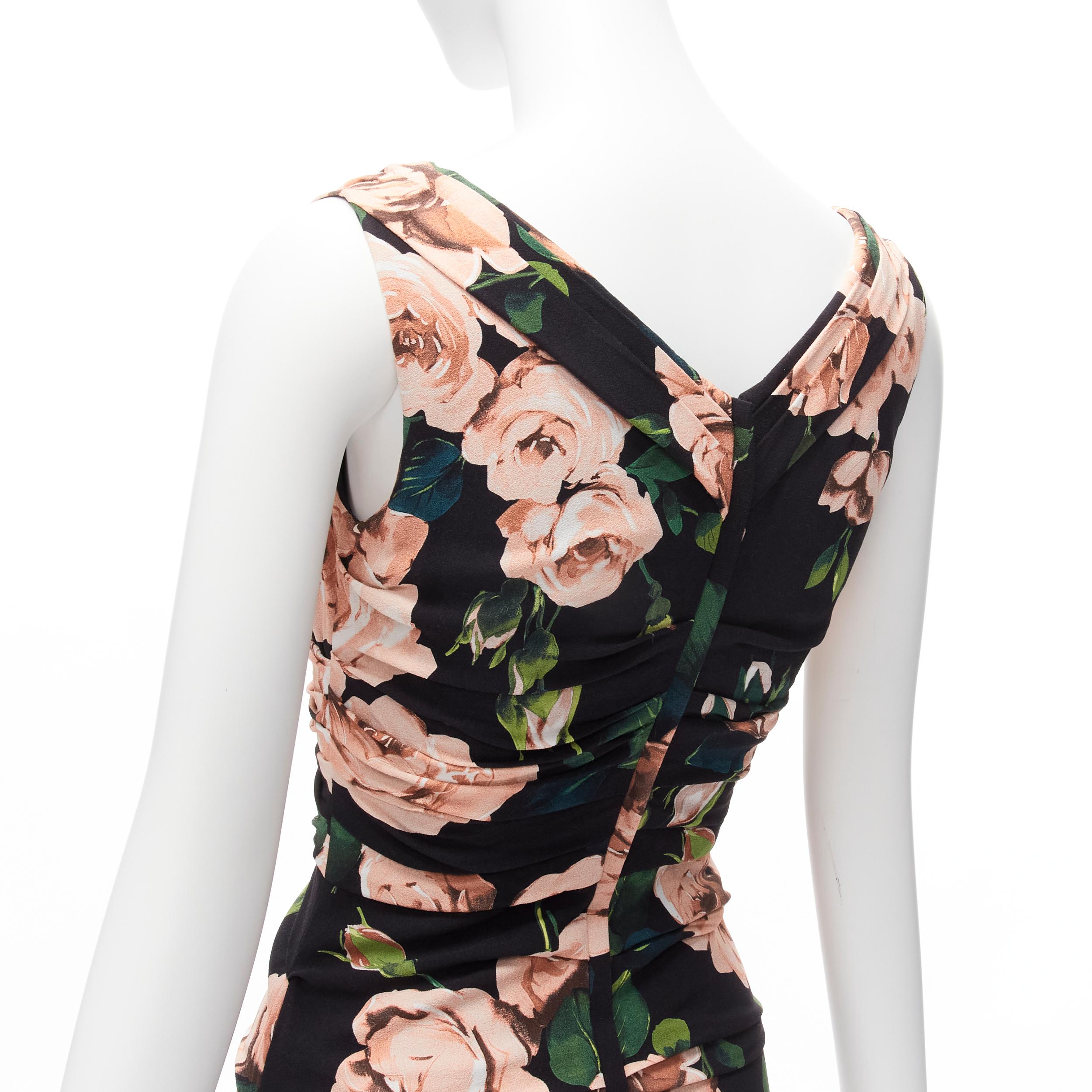 DOLCE GABBANA black pink rose print silk lined draped mid cocktail dress IT38 XS For Sale 2