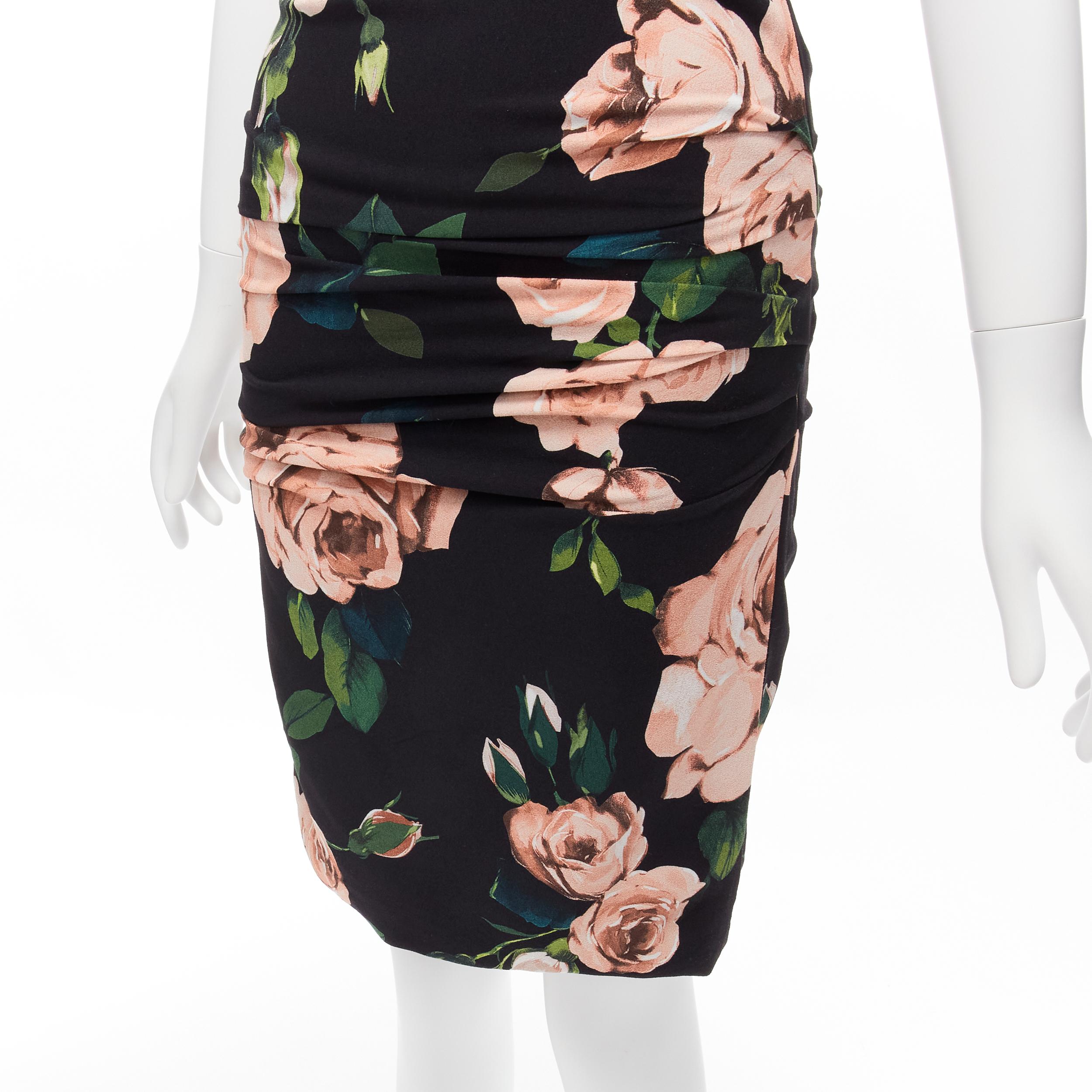 DOLCE GABBANA black pink rose print silk lined draped mid cocktail dress IT38 XS For Sale 3