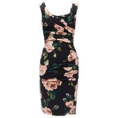 DOLCE GABBANA abito da cocktail medio drappeggiato in seta stampata rosa nera IT38 XS