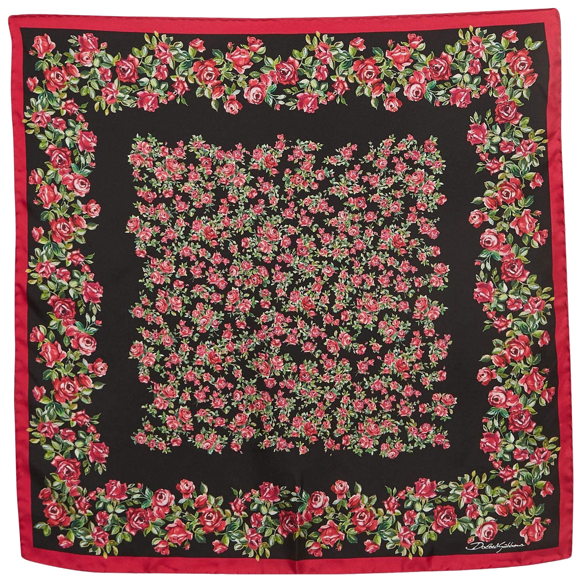 Dolce 
Gabbana Black/Pink Roses Print Silk Square Scarf