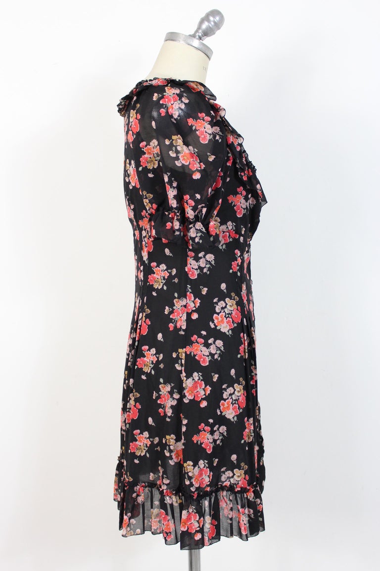 Dolce and Gabbana Black Pink Silk Floral Flared Causal Dress at 1stDibs