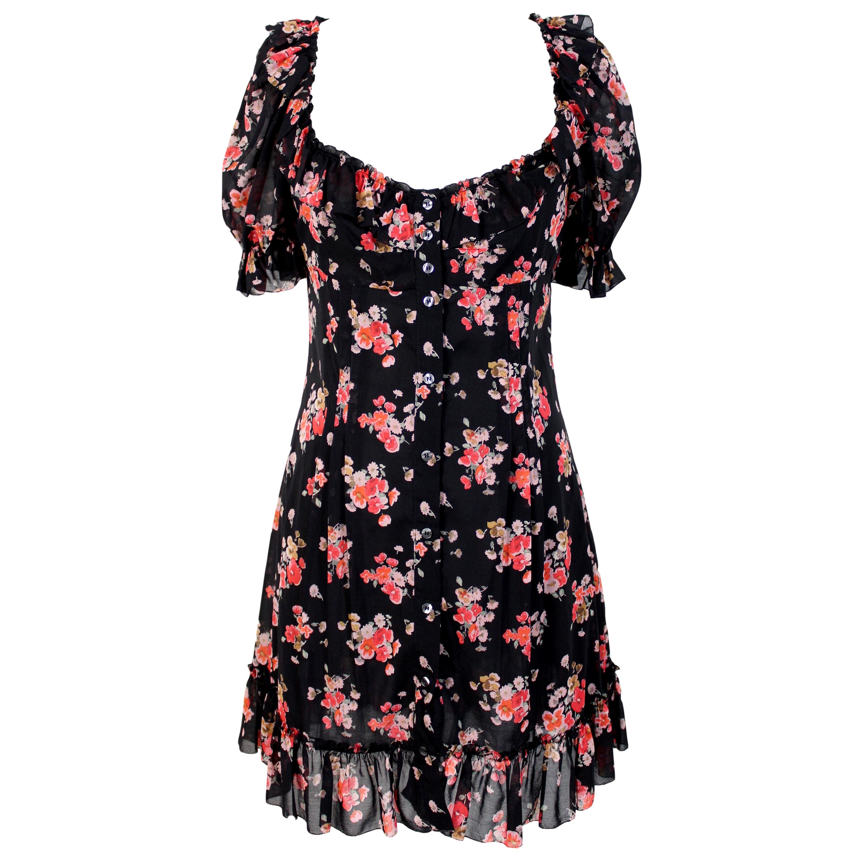 Dolce & Gabbana Black Pink Silk Floral Flared Causal Dress