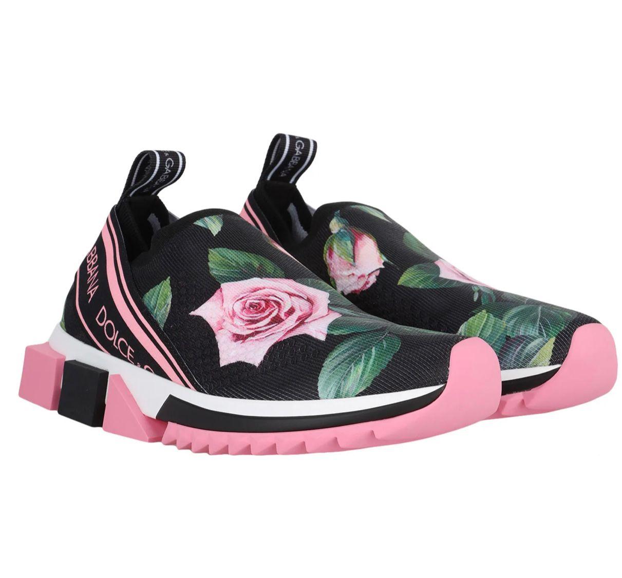 Dolce & Gabbana Tropical Rose stretch knit sock sneakers with roses print all-over. Elastic band with logo on the back, jacquard tab, fabric lining, removable leather insole, rubber sole with contrast inserts. 
Composition:
75% polyester 10%