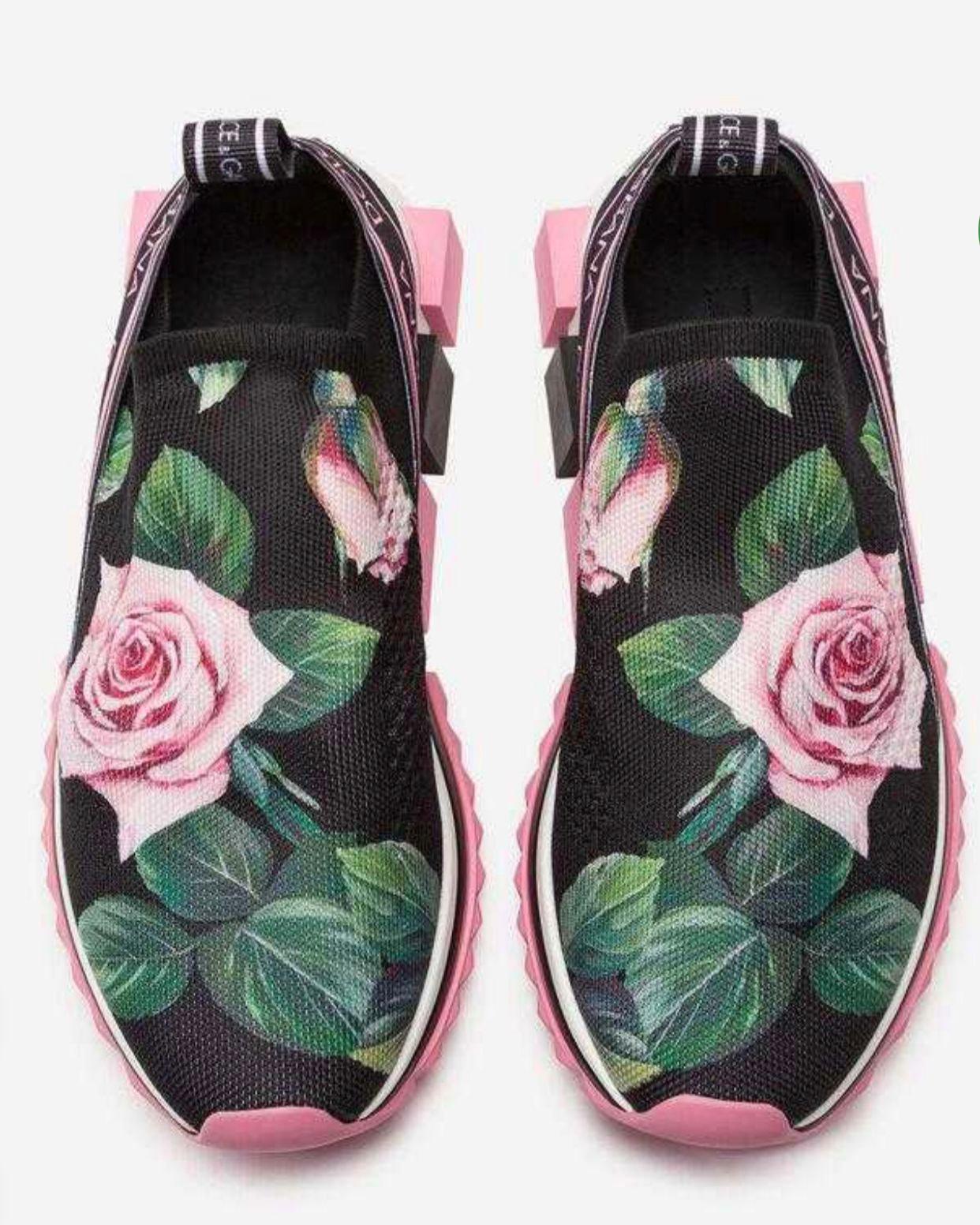 Dolce & Gabbana Black Pink Tropical Rose Stretch Knit Sock Sneakers Trainers In New Condition For Sale In WELWYN, GB