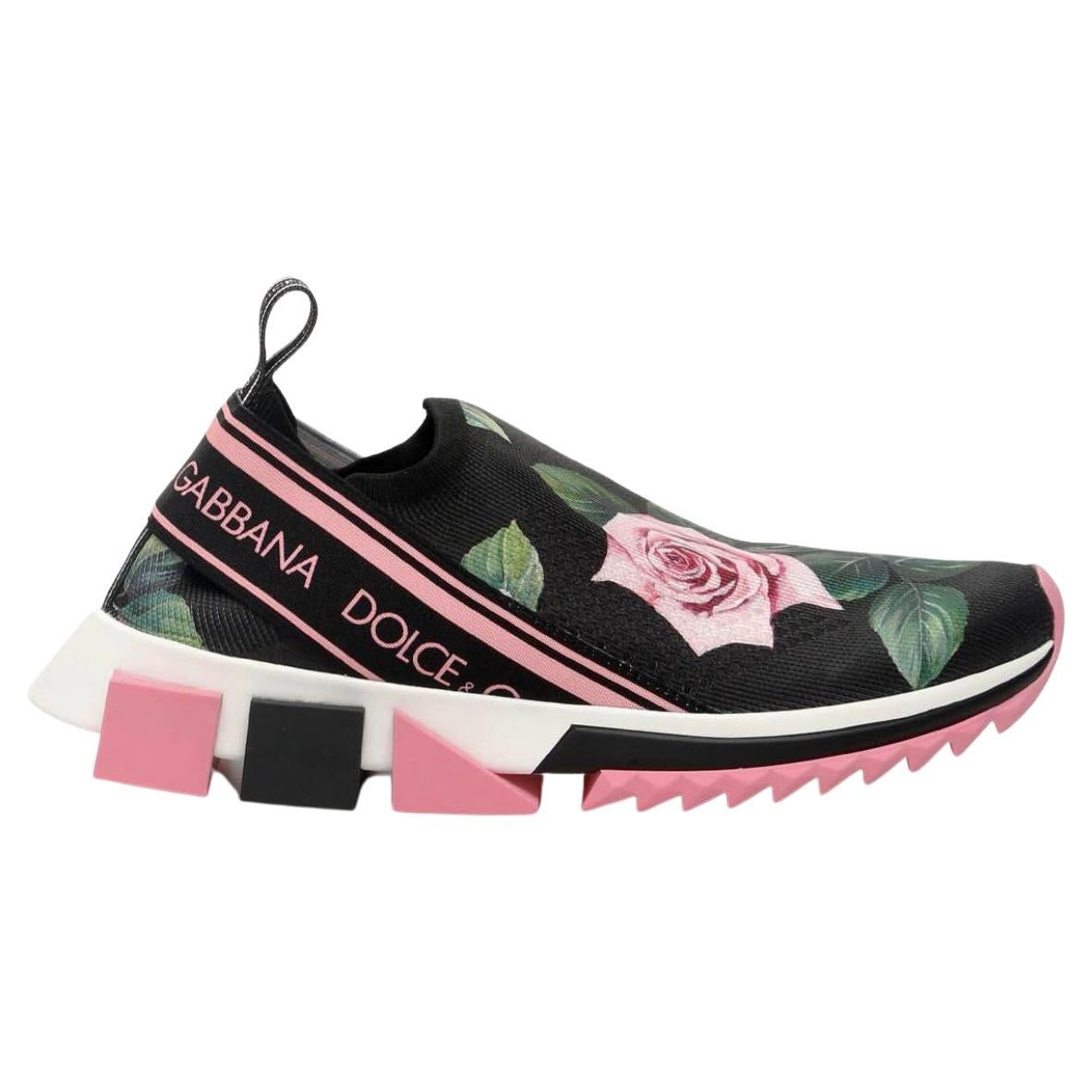 Dolce & Gabbana Black Pink Tropical Rose Stretch Knit Sock Sneakers Trainers For Sale