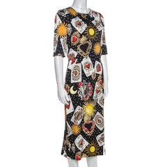 Dolce & Gabbana Black Playing Cards Print Silk Midi Dress M