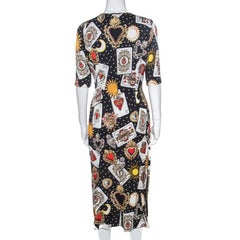 Dolce & Gabbana Black Playing Cards Print Silk Midi Dress M