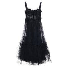 Dolce & Gabbana Black Plumetis Tulle Ruched Midi Dress L