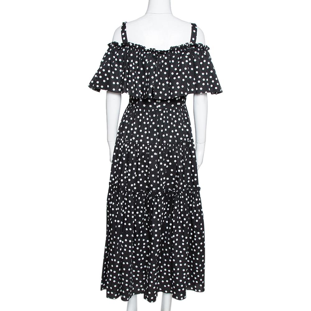Dolce & Gabbana Black Pois Print Cotton Tiered Maxi Dress M In Good Condition In Dubai, Al Qouz 2