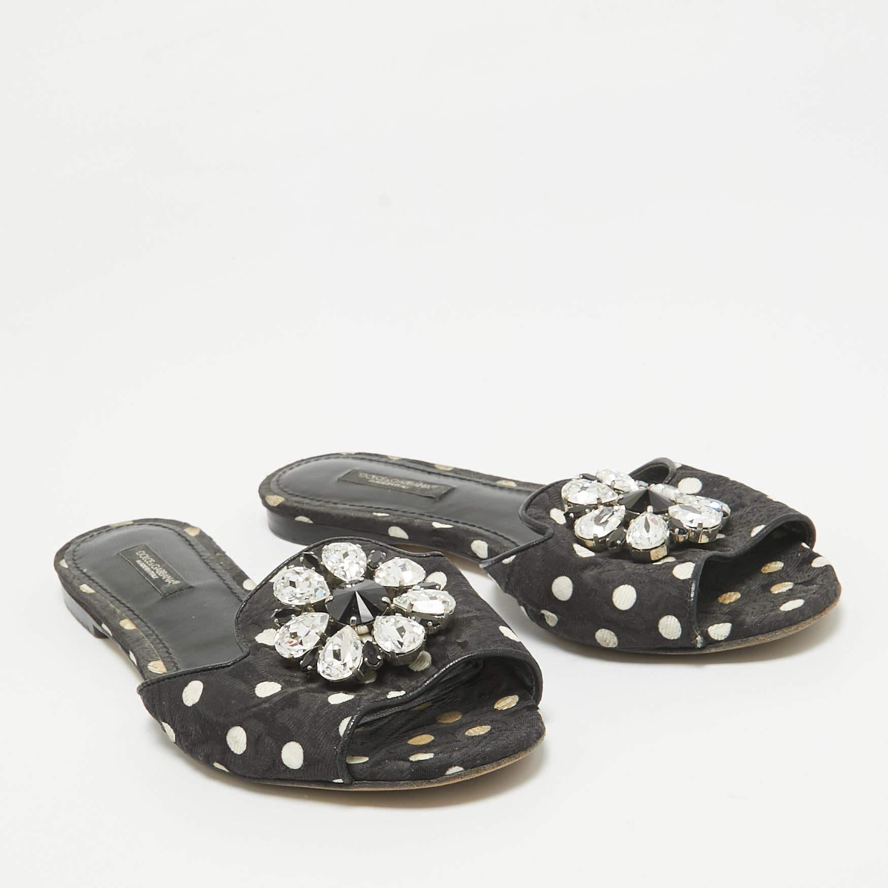 Women's Dolce & Gabbana Black Polka Dot Canvas Bianca Flat Slides Size 37