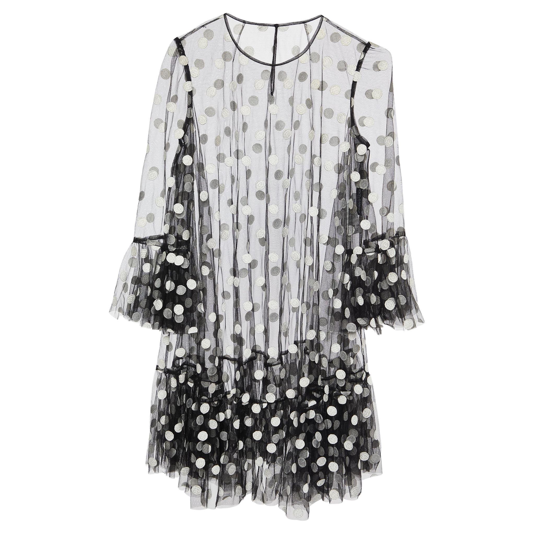 Dolce & Gabbana Schwarzes gerafftes Kleid aus besticktem Tüll mit gepunkteten Punkten S im Angebot