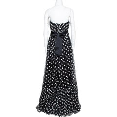 Dolce & Gabbana Black Polka Dot Embroidered Tulle Strapless Gown L