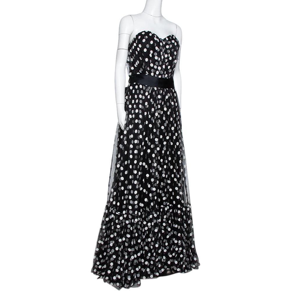 Dolce & Gabbana Black Polka Dot Embroidered Tulle Strapless Gown L In Excellent Condition In Dubai, Al Qouz 2