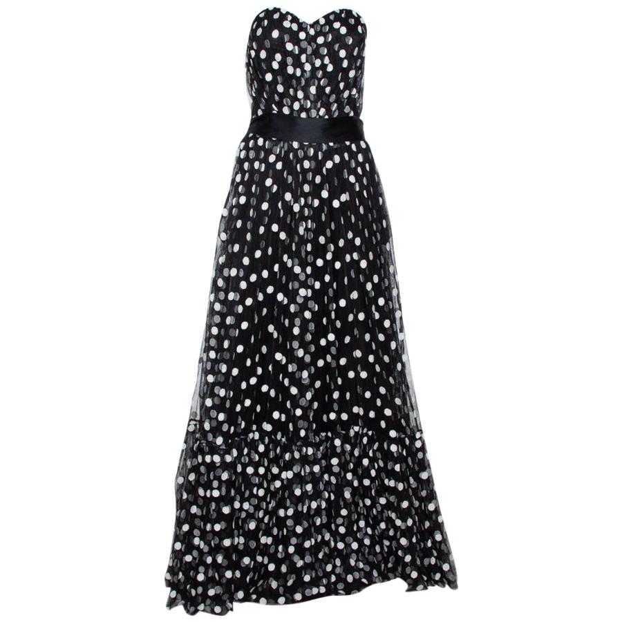 Dolce & Gabbana Black Polka Dot Embroidered Tulle Strapless Gown L