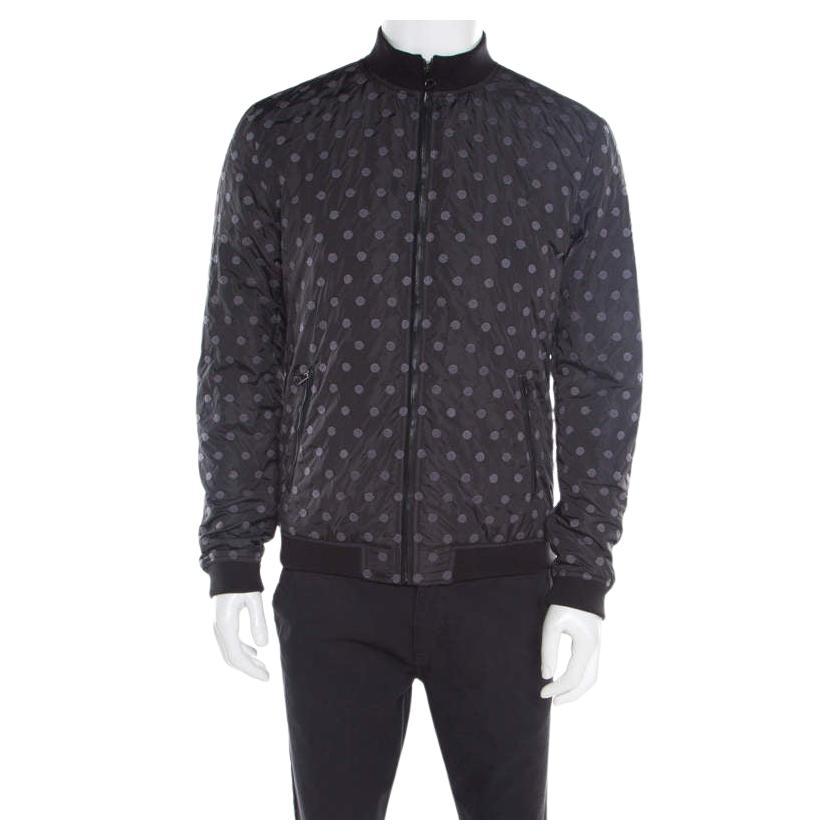 Dolce & Gabbana Black Polka Dot Embroidered Zip Front Bomber Jacket L For Sale