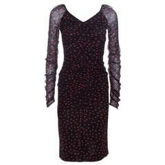 Dolce & Gabbana Black Polka Dot Print Stretch Silk Ruched Dress S