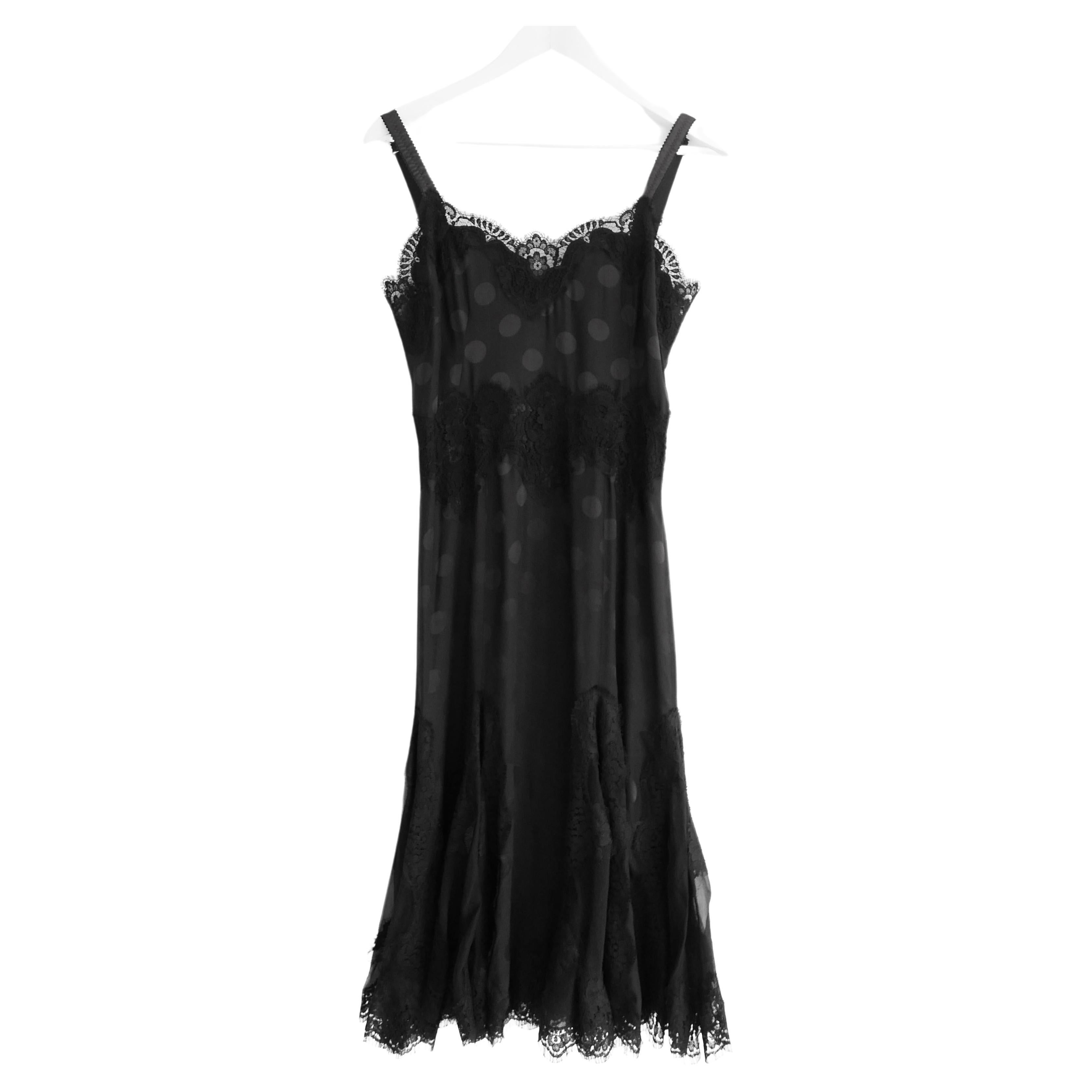 Dolce & Gabbana Black Polka Dot Silk & Lace Dress For Sale