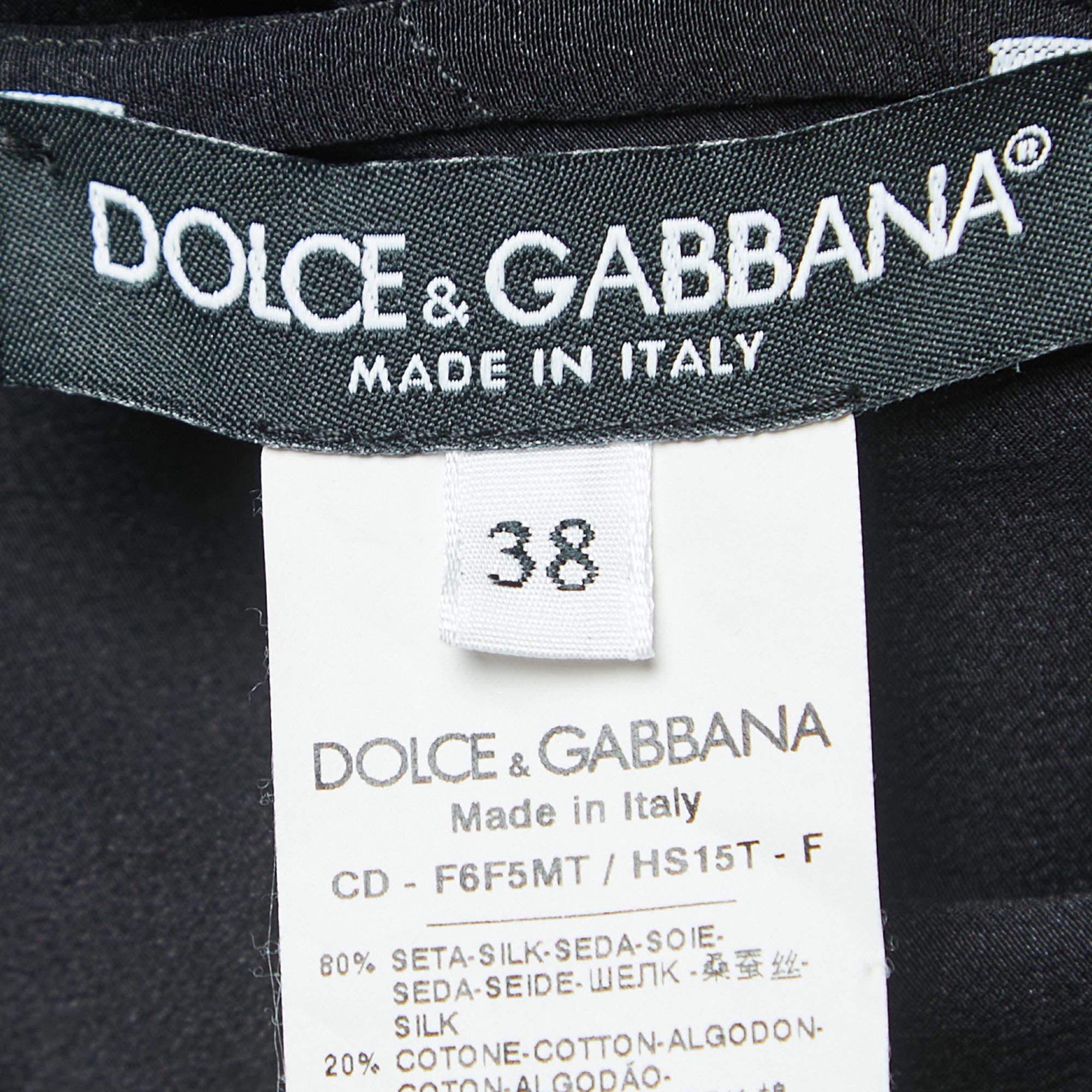 Dolce & Gabbana Black Polka Dotted Silk Blend Velvet Trim Pleated Midi Dress S 1