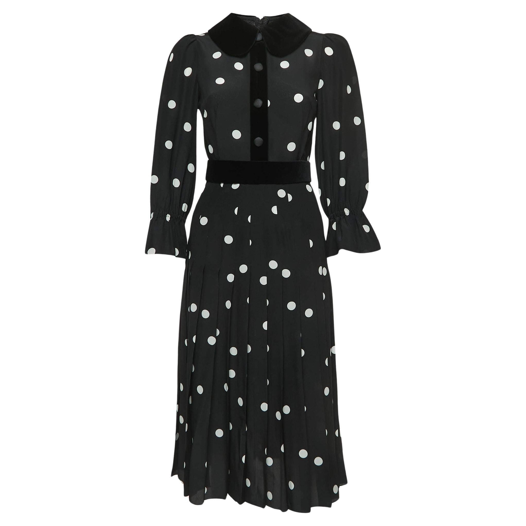 Dolce & Gabbana Black Polka Dotted Silk Blend Velvet Trim Pleated Midi Dress S