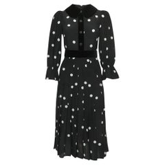 Dolce & Gabbana Black Polka Dotted Silk Blend Velvet Trim Pleated Midi Dress S