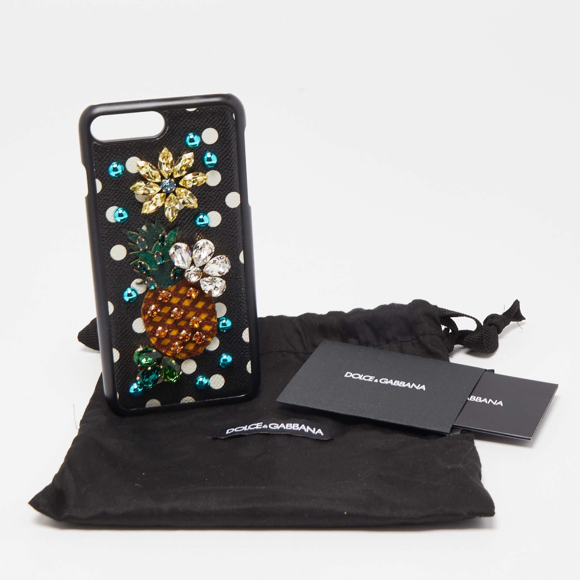 Dolce & Gabbana Black Polkadot Crystal Embellished Leather iPhone 7 Plus Case For Sale 5