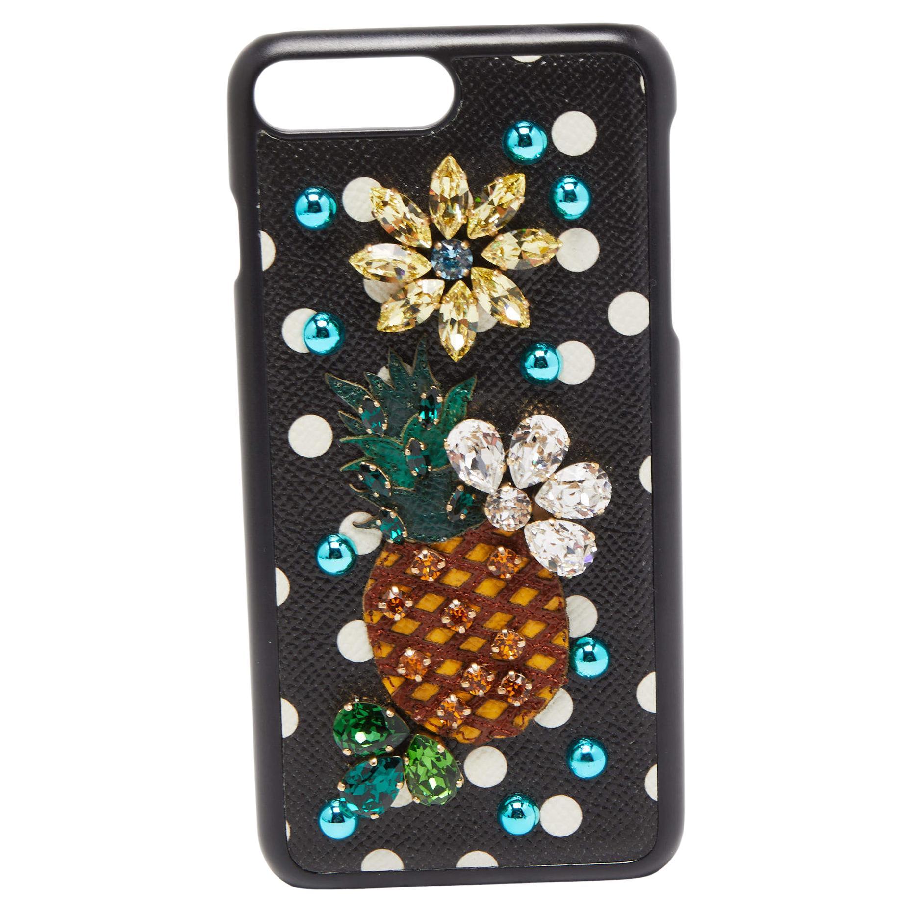Dolce & Gabbana Étui pour iPhone 7 Plus en cuir noir orné de cristaux Polkadot en vente