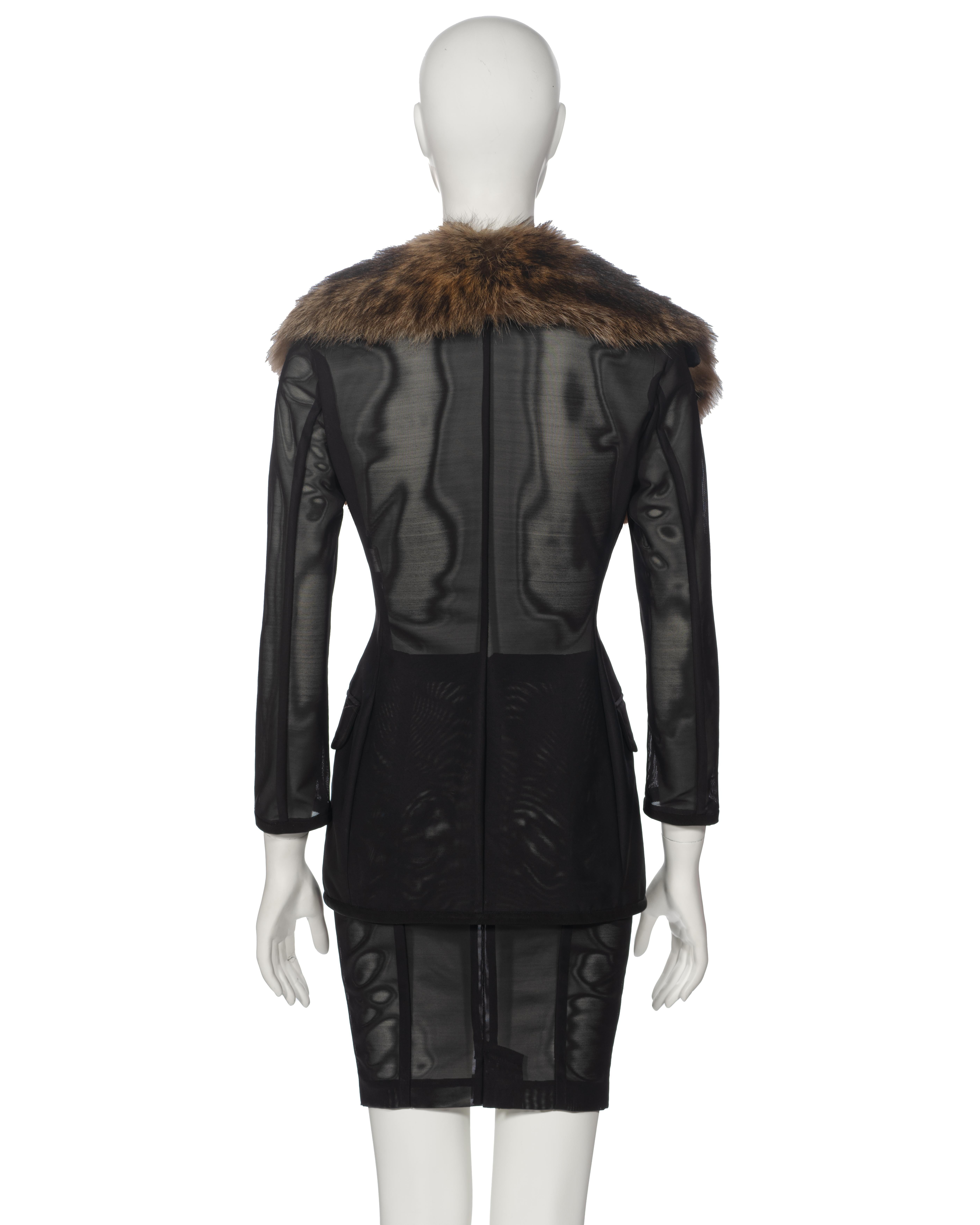 Dolce & Gabbana Black Power Net Skirt Suit with Fur Collar, fw 1995 7