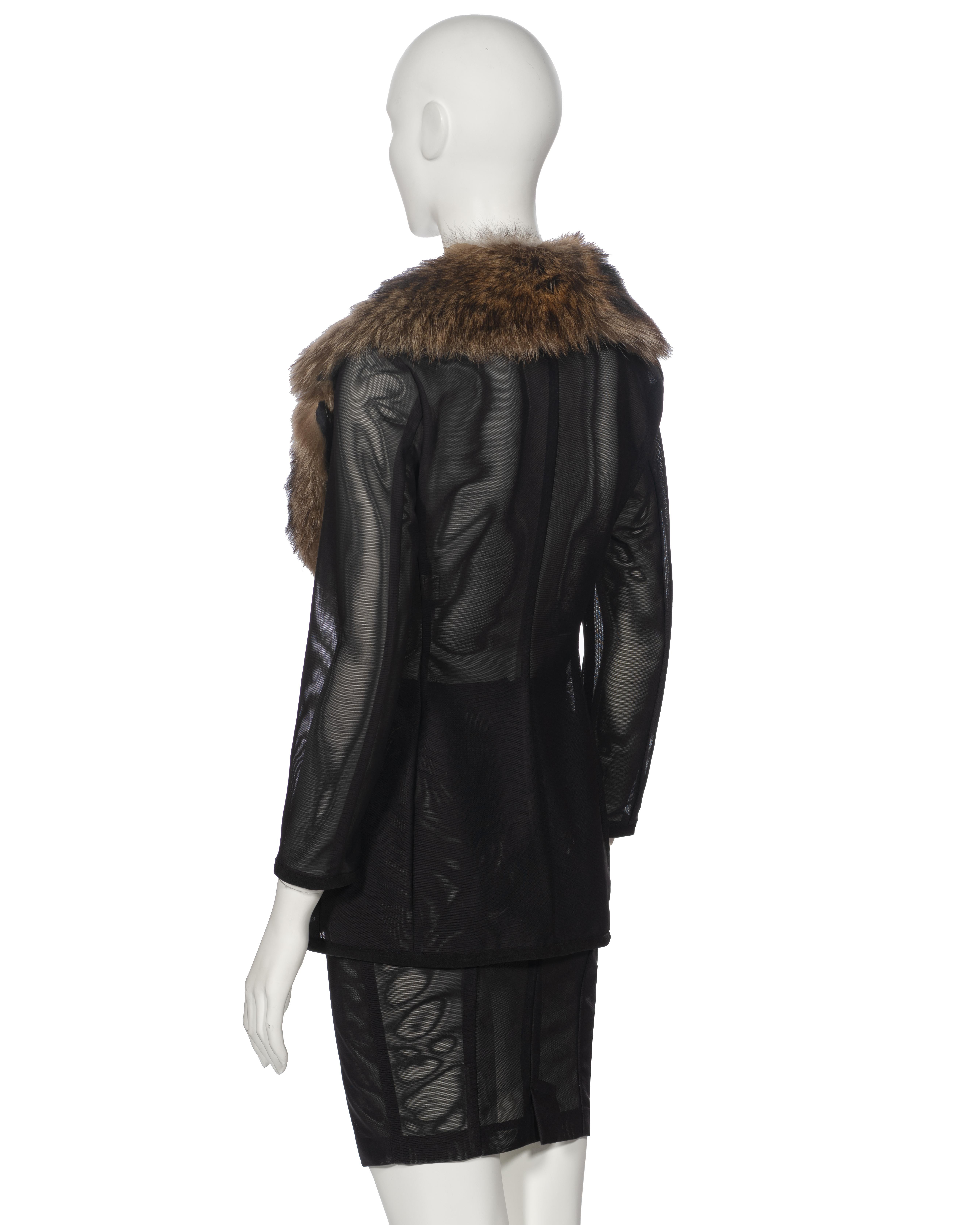 Dolce & Gabbana Black Power Net Skirt Suit with Fur Collar, fw 1995 8