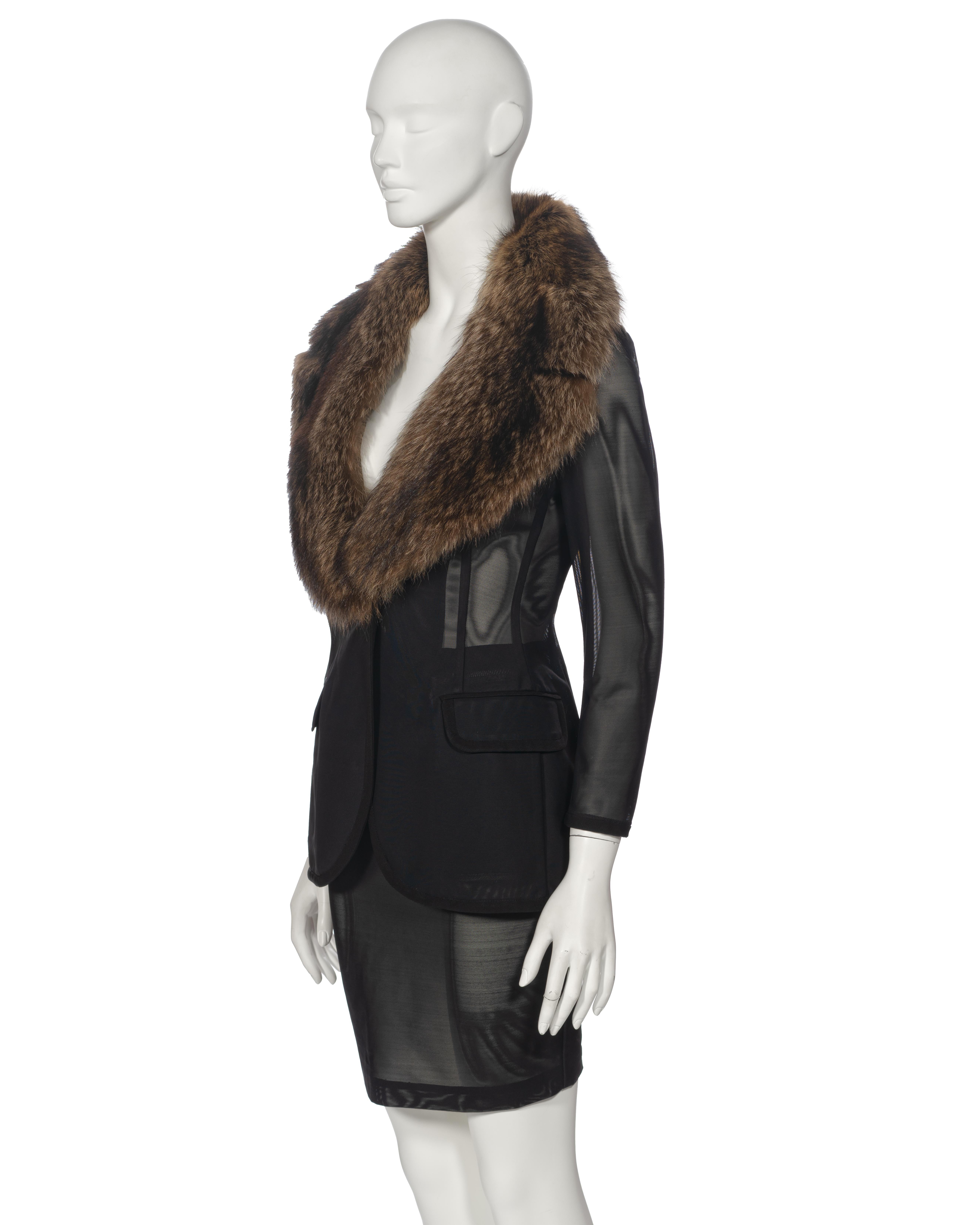 Dolce & Gabbana Black Power Net Skirt Suit with Fur Collar, fw 1995 9