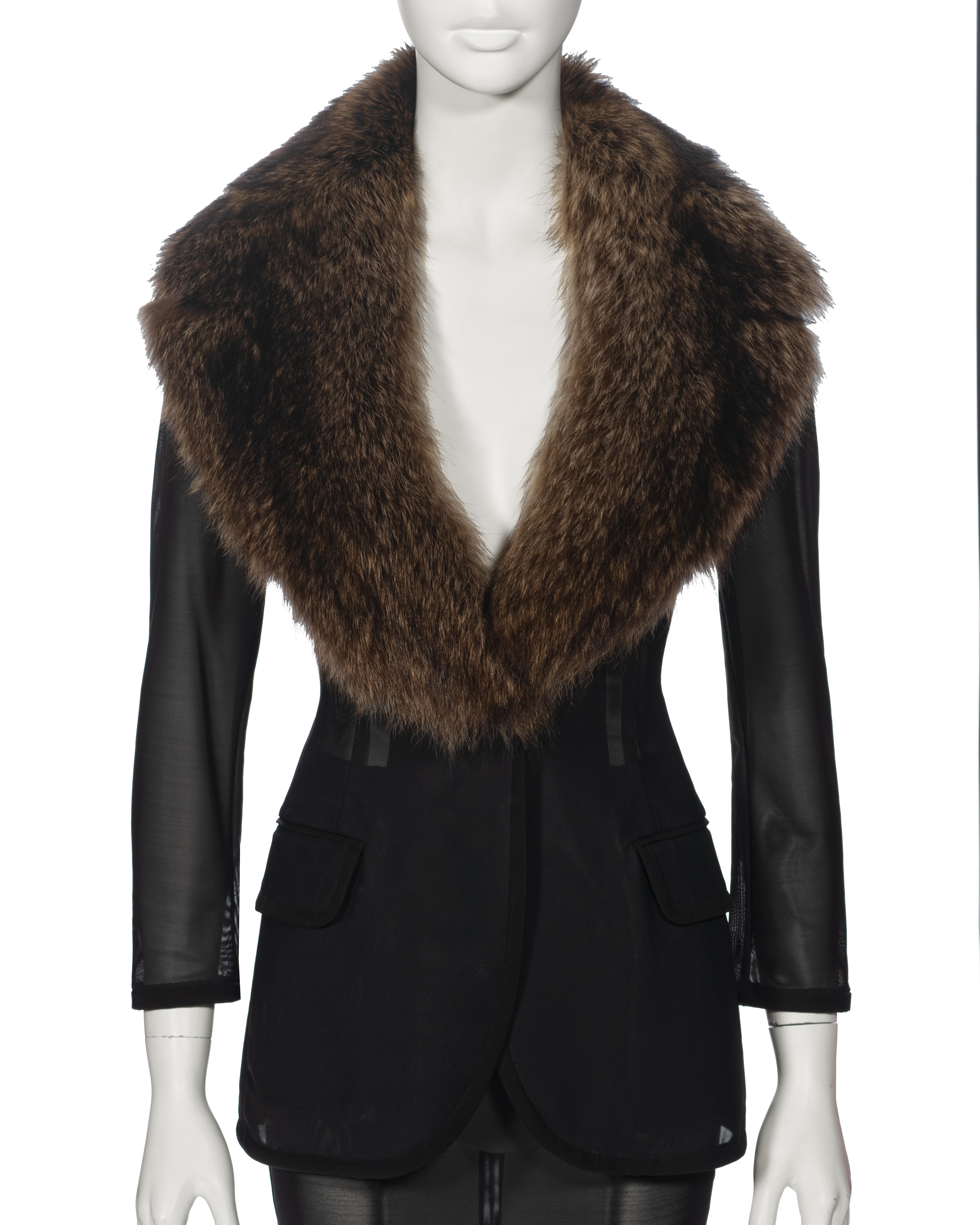 Women's Dolce & Gabbana Black Power Net Skirt Suit with Fur Collar, fw 1995