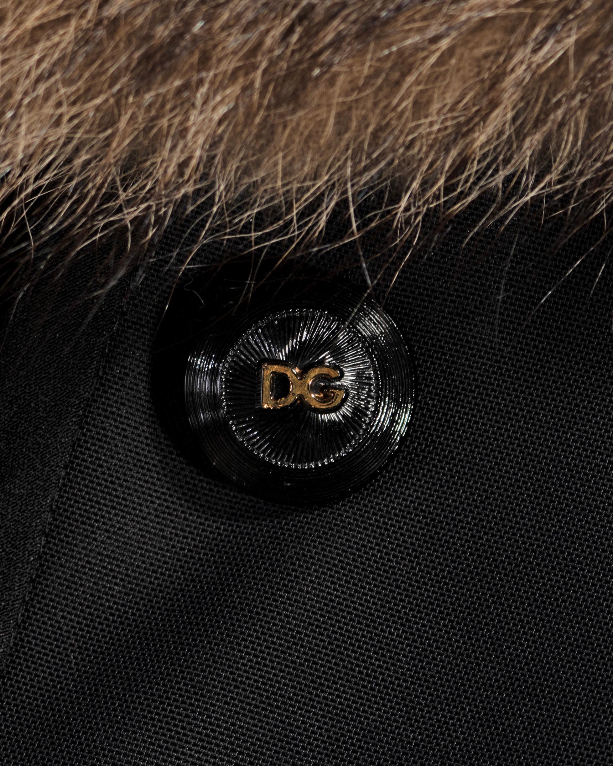 Dolce & Gabbana Black Power Net Skirt Suit with Fur Collar, fw 1995 1