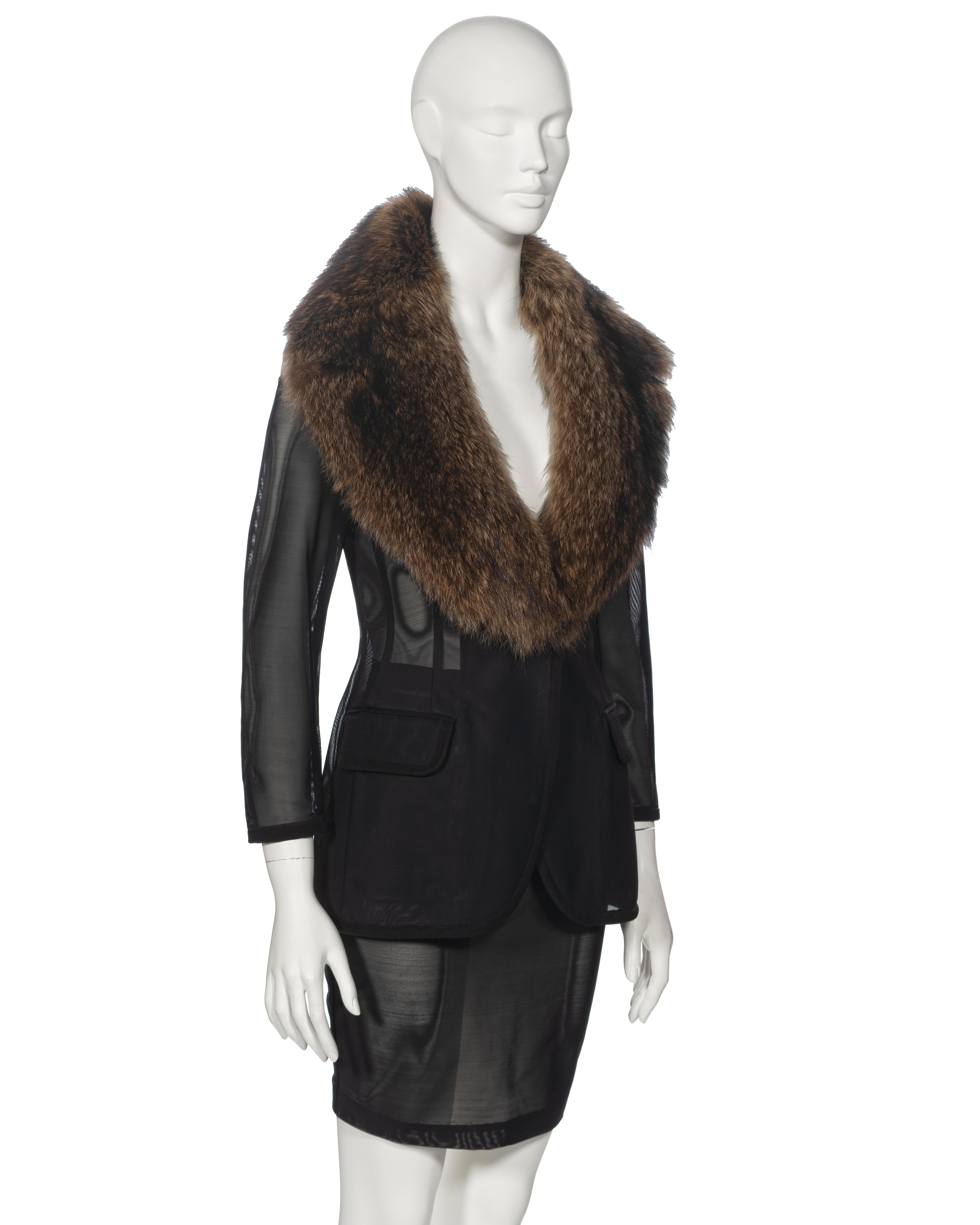 Dolce & Gabbana Black Power Net Skirt Suit with Fur Collar, fw 1995 2