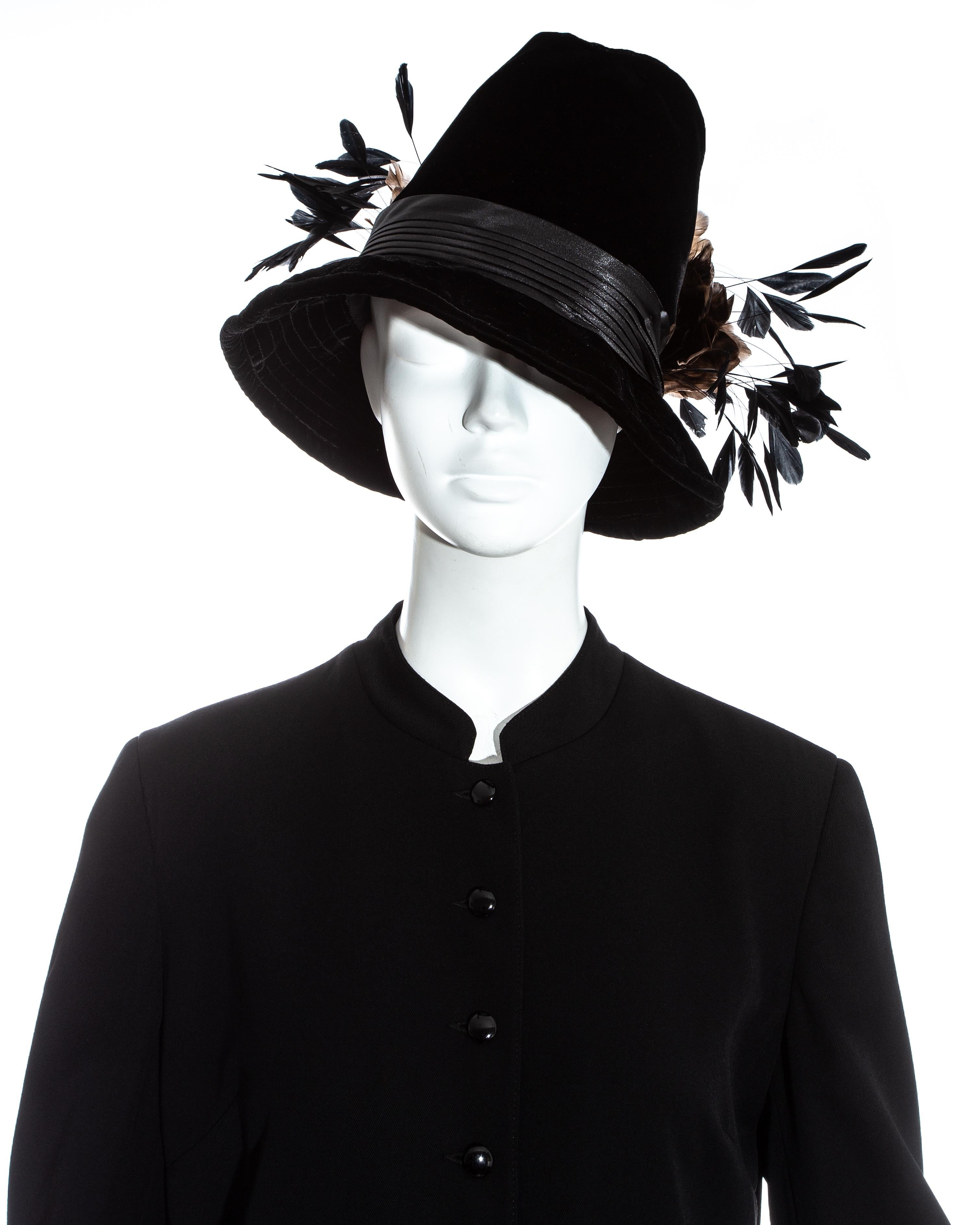 Black Dolce & Gabbana black priest coat and feathered velvet hat ensemble, fw 1997 For Sale