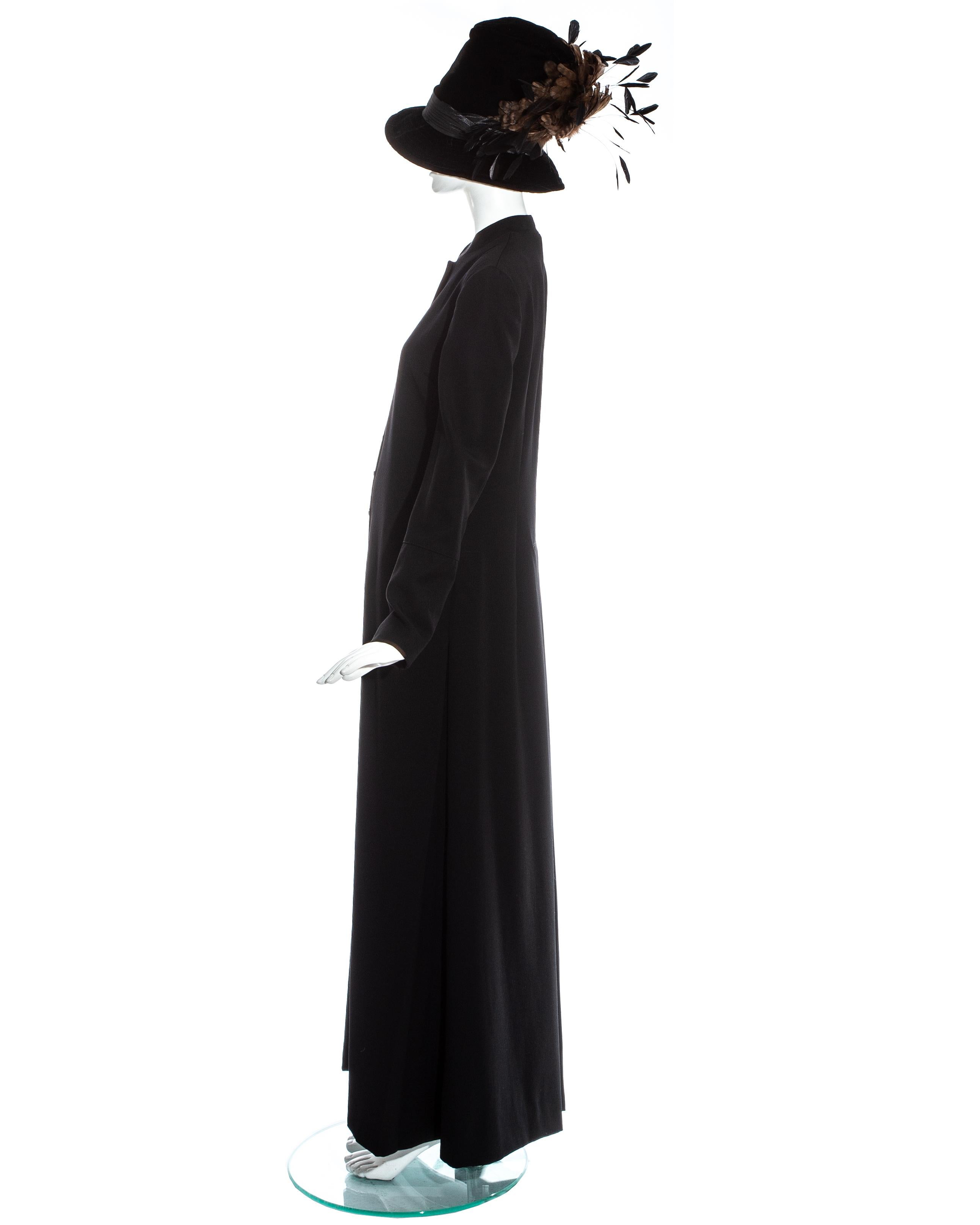 Dolce & Gabbana black priest coat and feathered velvet hat ensemble, fw 1997 In Good Condition For Sale In London, GB