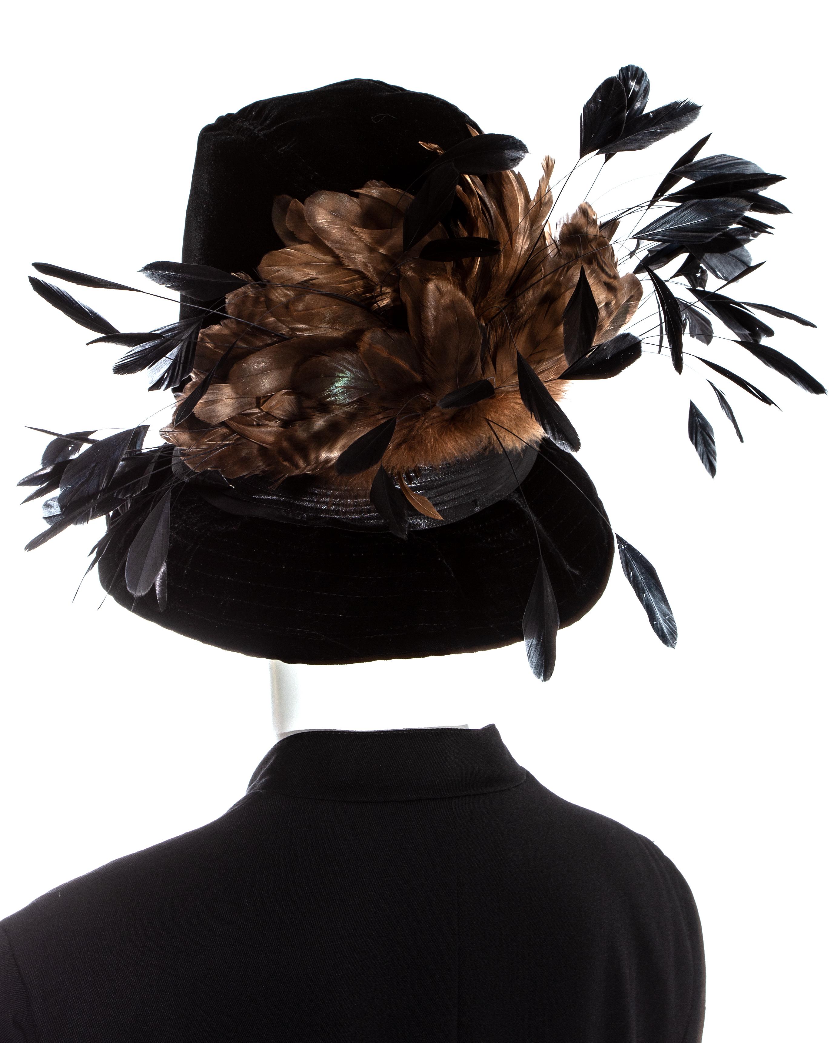 Women's Dolce & Gabbana black priest coat and feathered velvet hat ensemble, fw 1997 For Sale