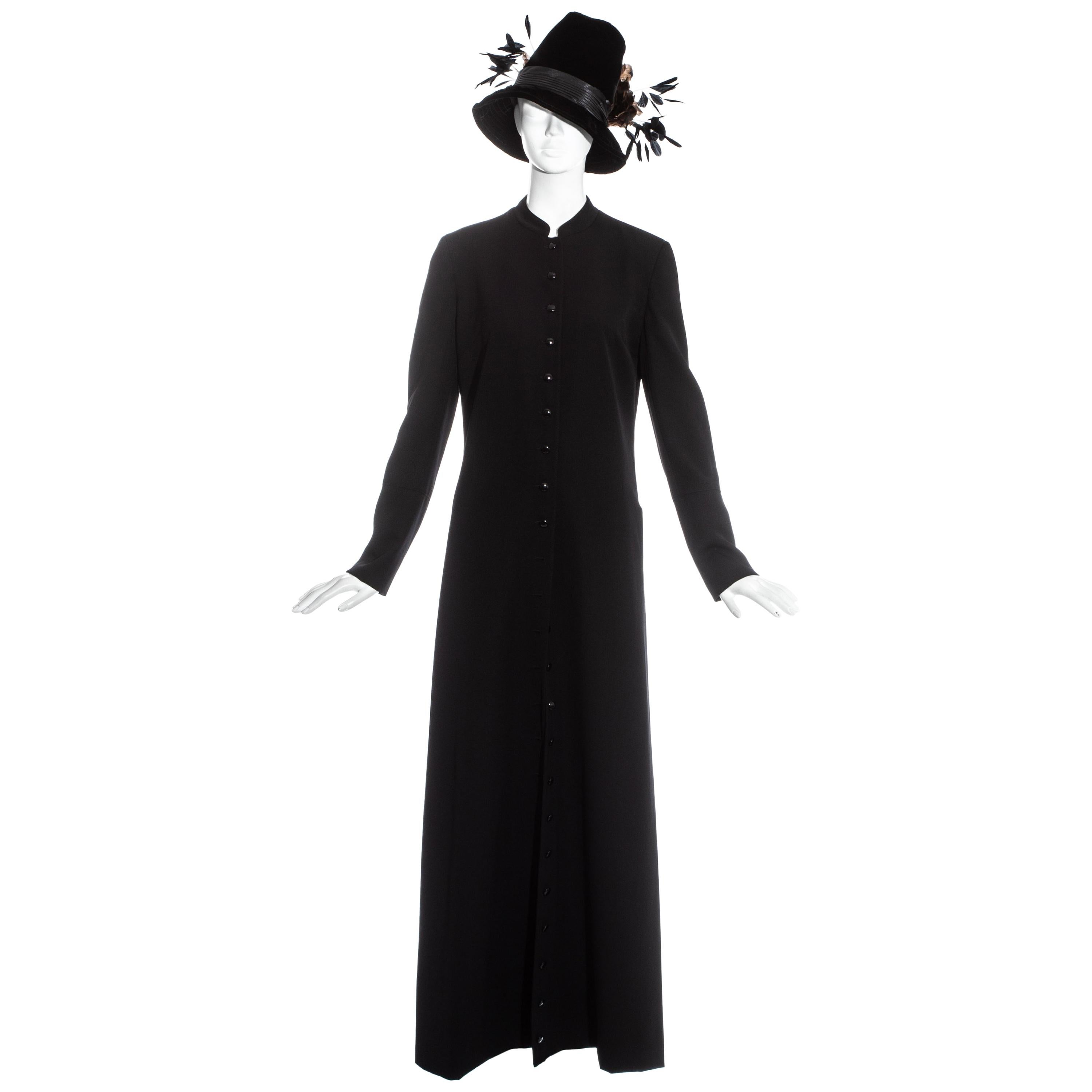 Dolce & Gabbana black priest coat and feathered velvet hat ensemble, fw 1997