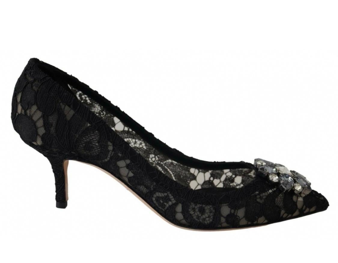 Black Dolce & Gabbana black  PUMP lace shoes with jewel
detail on the top heels 