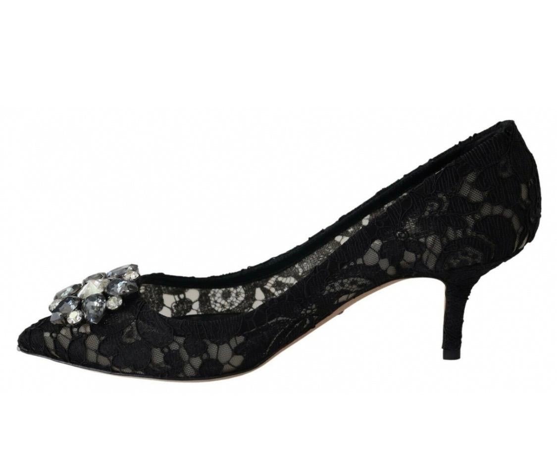 Dolce & Gabbana black  PUMP lace shoes with jewel
detail on the top heels  In New Condition In WELWYN, GB