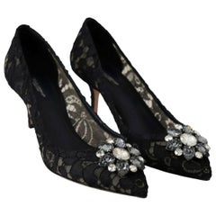 Dolce 
Gabbana black  PUMP lace shoes with jewel
detail on the top heels