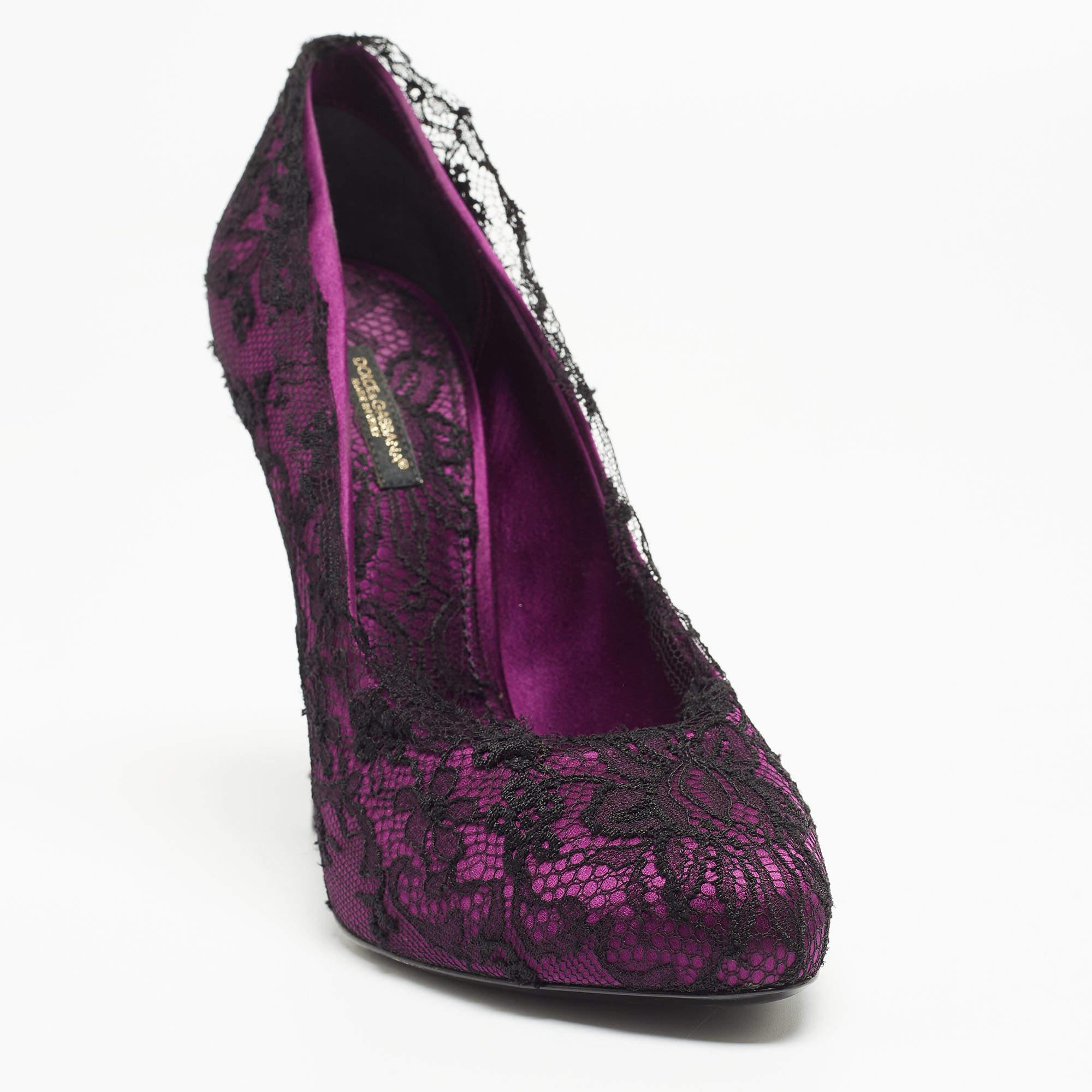Dolce & Gabbana Black/Purple Floral Lace And Satin Platform Pumps Size 38 For Sale 4