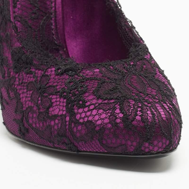 Dolce & Gabbana Black/Purple Floral Lace And Satin Platform Pumps Size 38 For Sale 5